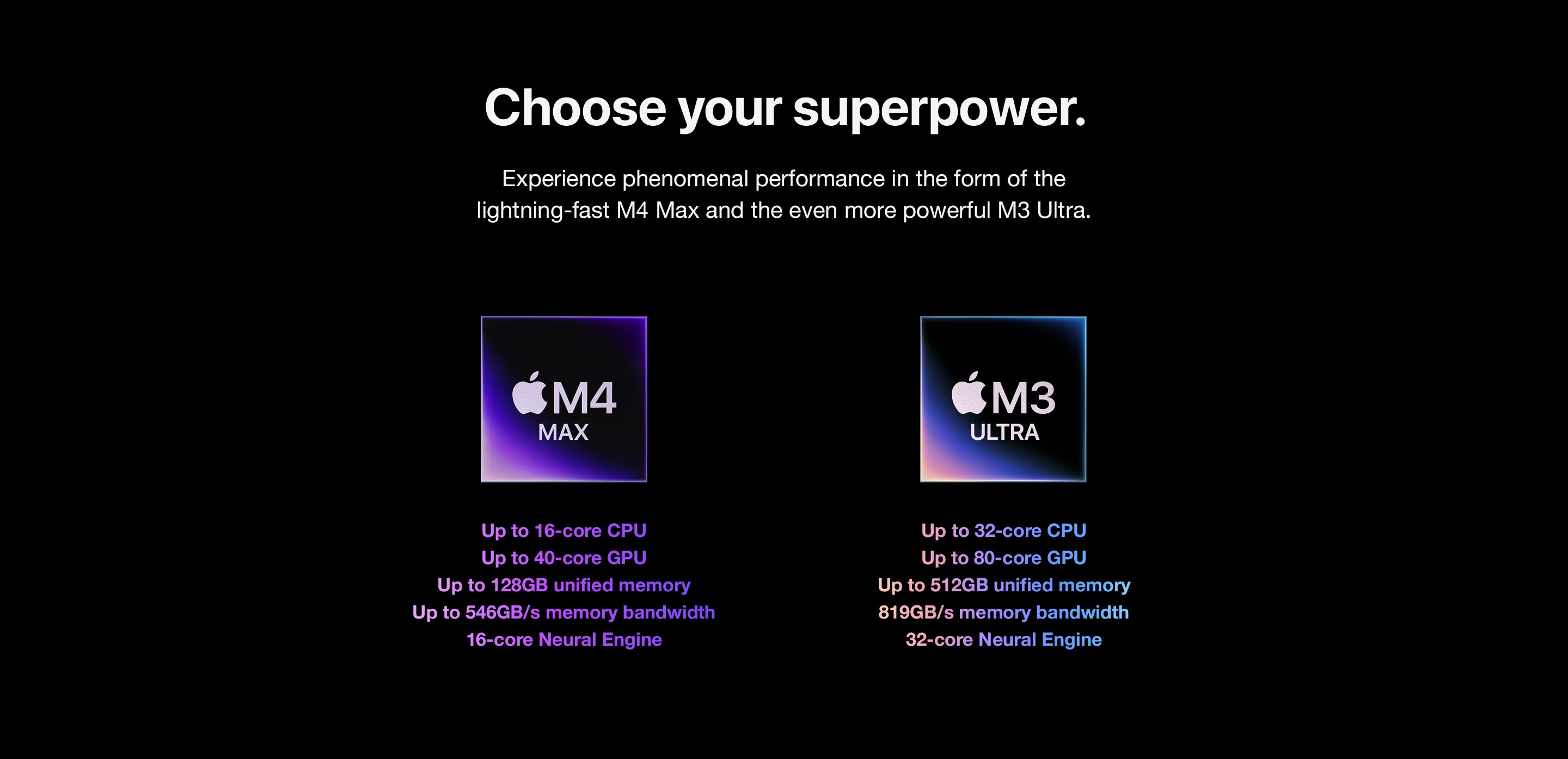 Choose your superpower. Experience phenomenal performance in the form of the lightning‑fast M4 Max and the even more powerful M3 Ultra.
