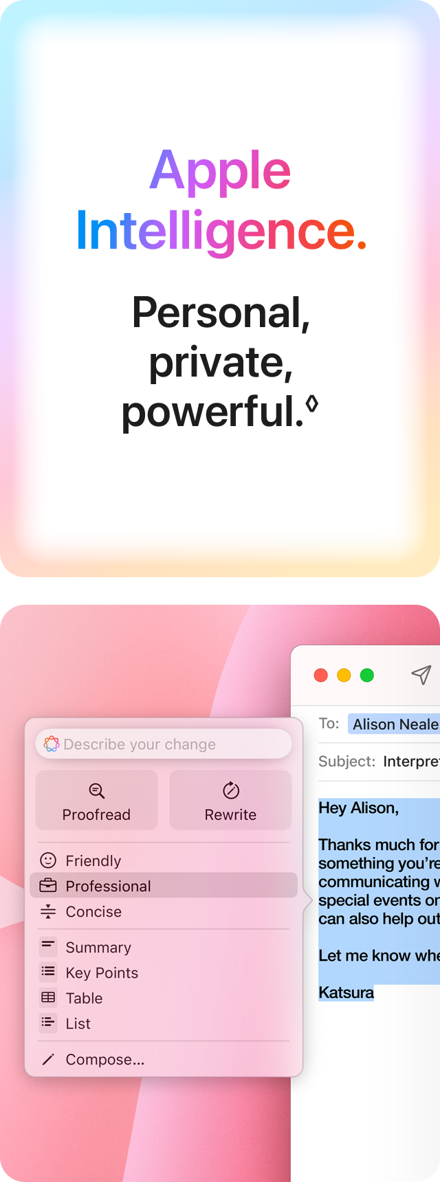 Apple Intelligence - Personal, private, powerful.&loz;