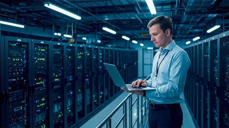 Man with Laptop in Data Center