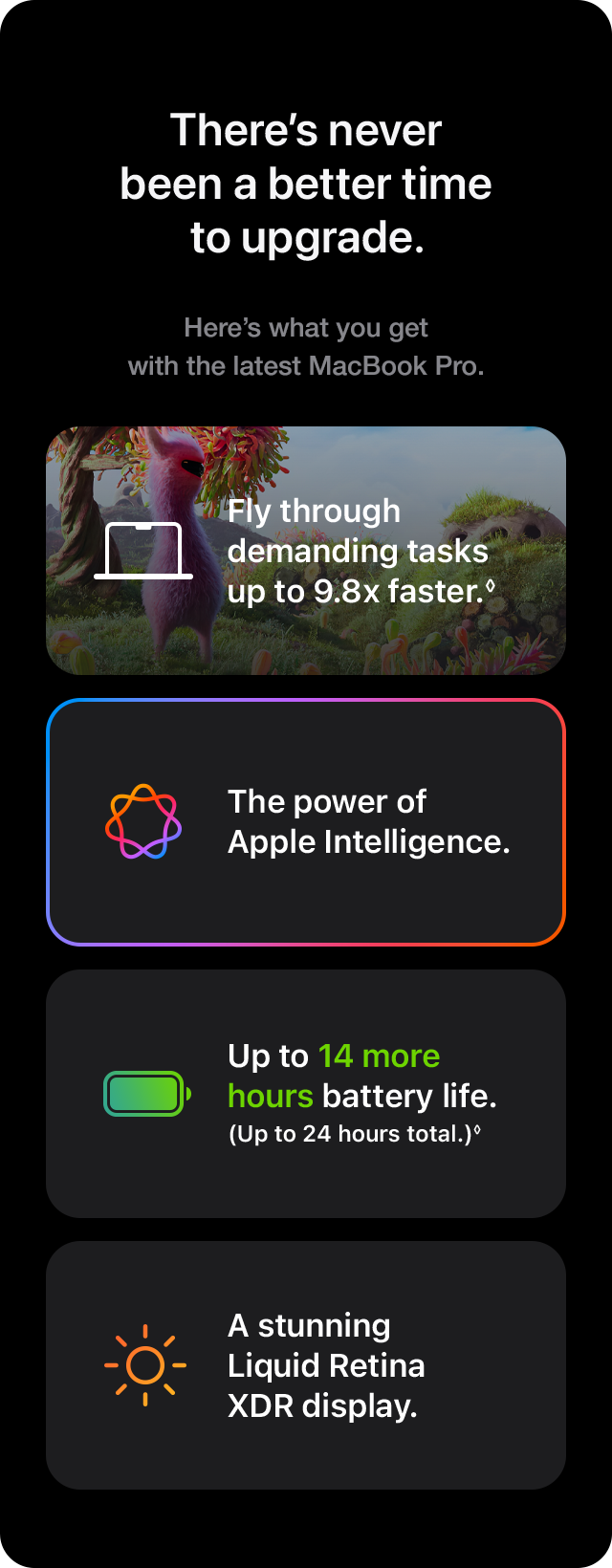 There&rsquo;s never been a better time to upgrade. Here&rsquo;s what you get with the latest MacBook Pro.