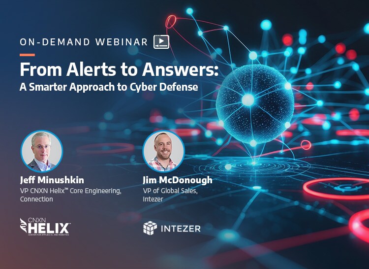 Webinar advertisement featuring the title "ON-DEMAND WEBINAR: From Alerts to Answers: A Smarter Approach to Cyber Defense," along with portraits and names of four speakers from various companies.