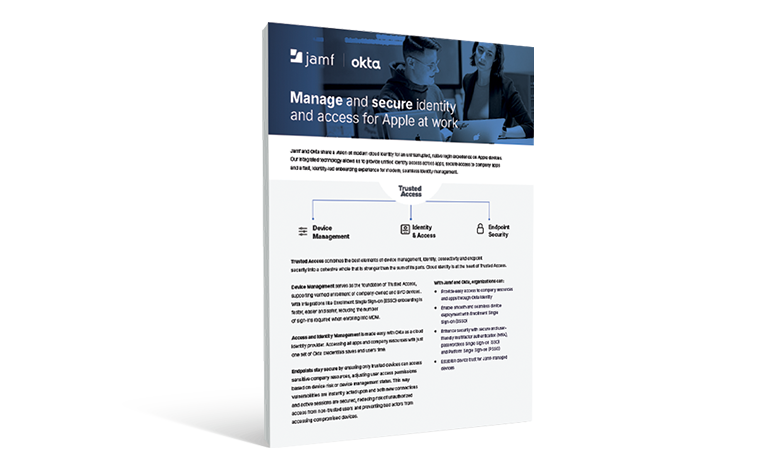 Cover of the Jamf and Okta whitepaper: "Manage and secure identity and access for Apple at work."